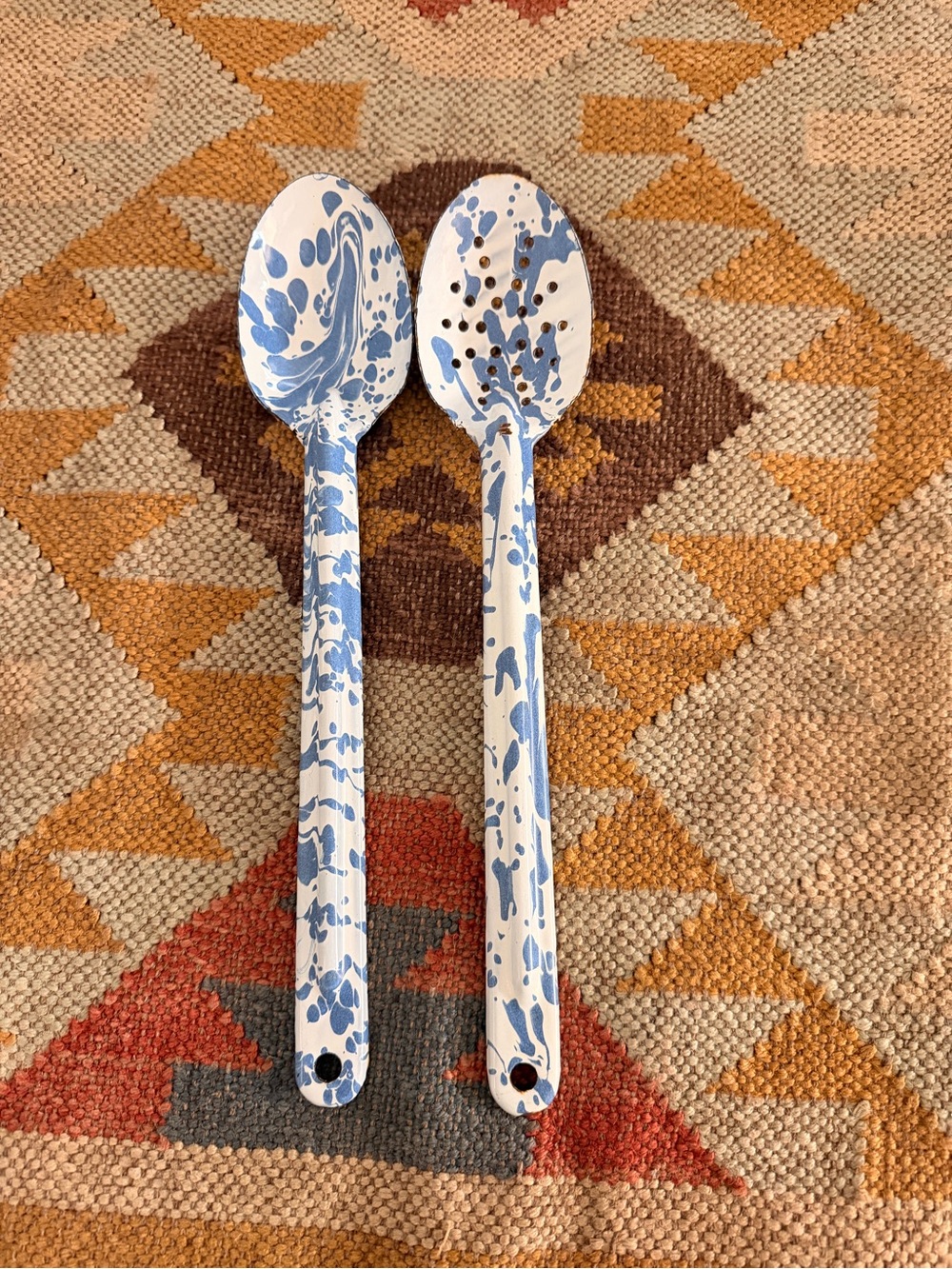 Hand-Painted Blue Splatter Serving Spoon Set - White & Blue